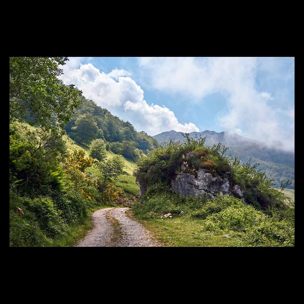 Camino por un verde valle contrasta con el cielo azul y las nubes blancas