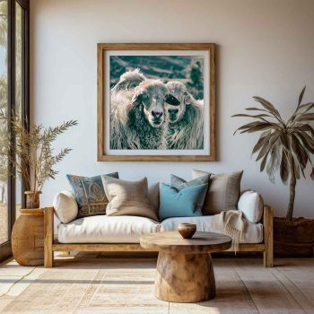 Fotografía de "Dos ovejas miran desafiantes protegiendo su manada" enmarcada en la pared de un salón