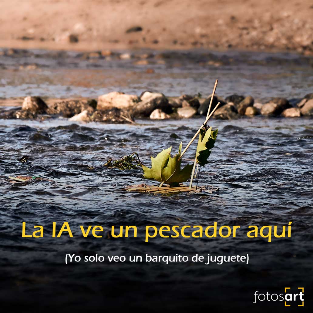 Fotografía artística de balsa de hojas navegando en un río que la inteligencia artificial confunde con un pescador.