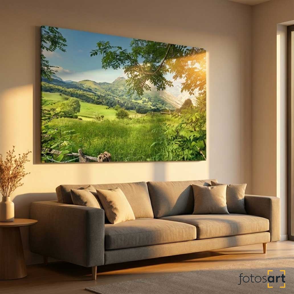 Salón moderno decorado con una fotografía de autor de gran formato de un paisaje verde de Asturias para crear bienestar en casa.